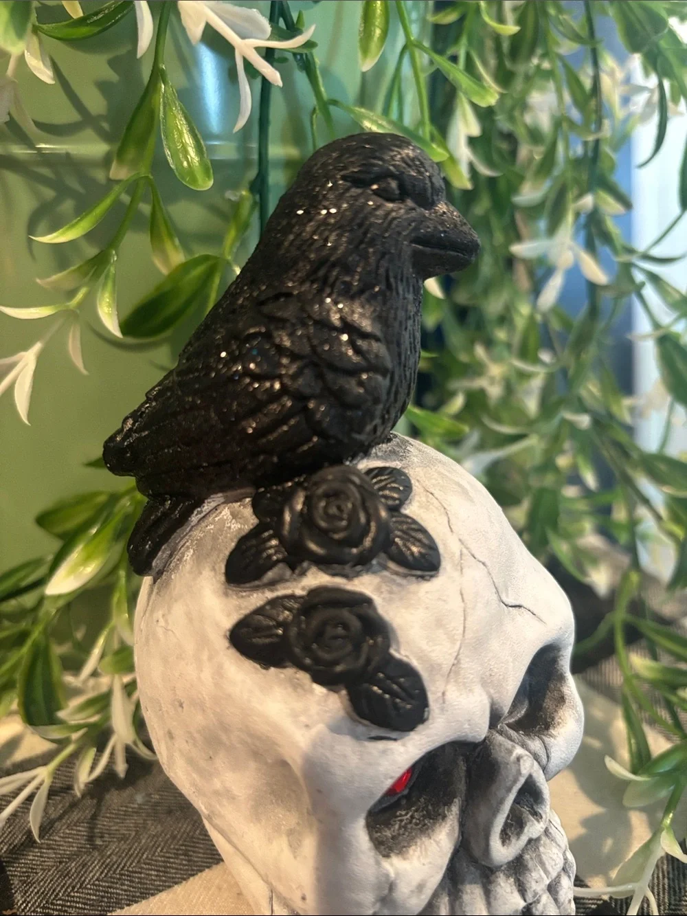 Decorative White Skull with Black Crow and Red Eyes - Home Accent